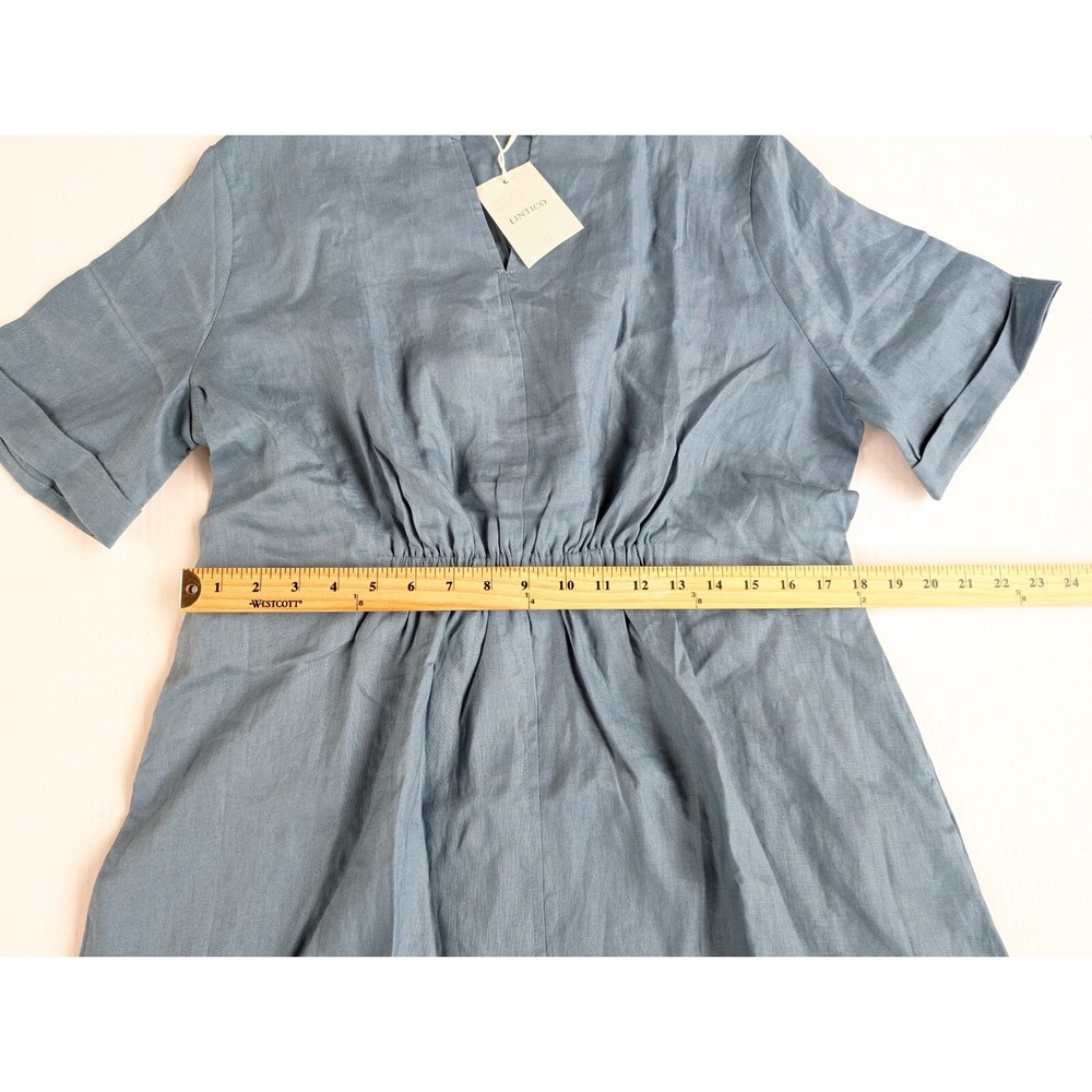 Lintico Elastic Waistband Dress Womens Medium NWT 100% Linen‎ V-Neck Steel Blue - Picture 2 of 7